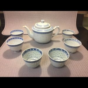 Vintage Jing De Zhen Blue and White Rice Eye Pattern Dragon Tea Set 6 Cup Teapot